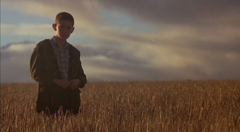 En pojke står på ett fält.