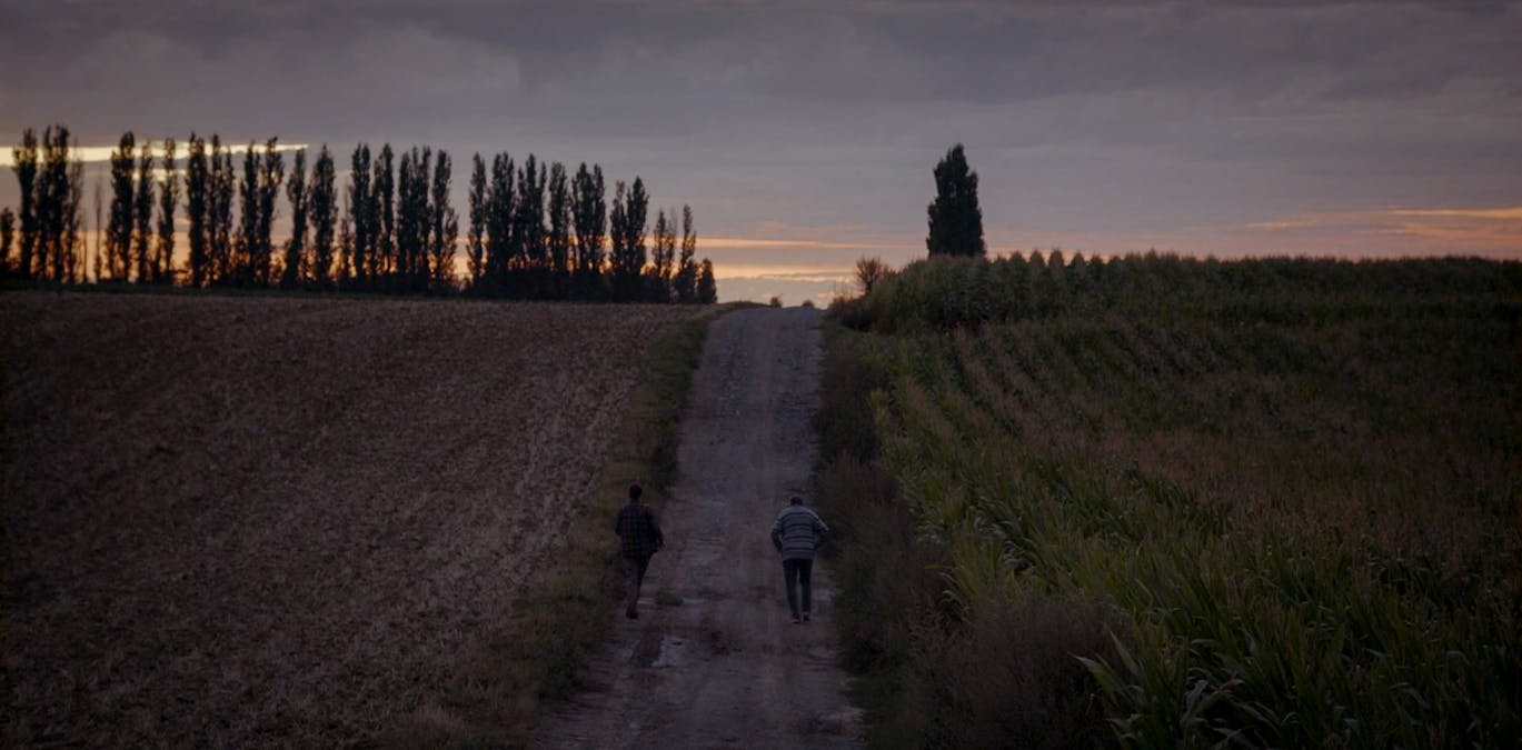 Bild på en grusväg mellan två åkrar från filmen Excess Will Save Us. Två personer syns gå på vägen. 