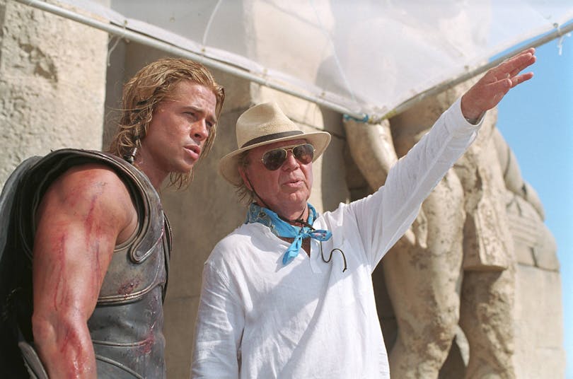 Brad Pitt och Wolfgang Petersen på inspelningen av Troja