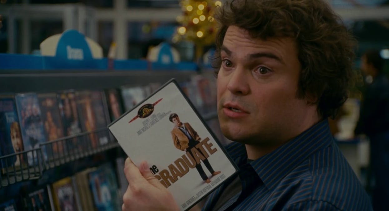 Jack Black håller upp en DVD-film i en Blockbuster-butik i The Holiday. Foto: United International Pictures.